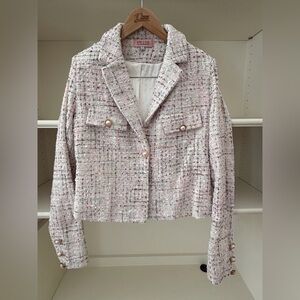 Pippa & Julie Light Pink Tweed Cropped Blazer with Pearl Buttons